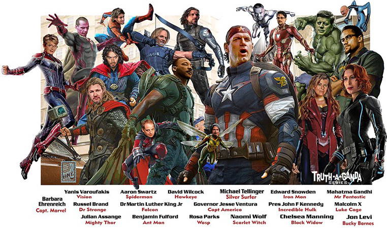 real Life heroes Avengers style Jesse ventura Julian assange Jon Levi, AAron Swartz by Greg Dampier - Illustrator & Graphic Artist of Portland, Oregon