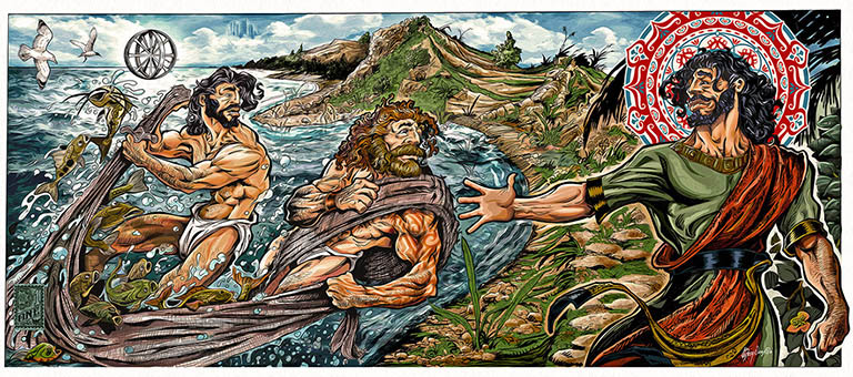 Jesus, Peter Andrew Follow Me by Greg Dampier - Illustrator & Graphic Artist of Portland, Oregon