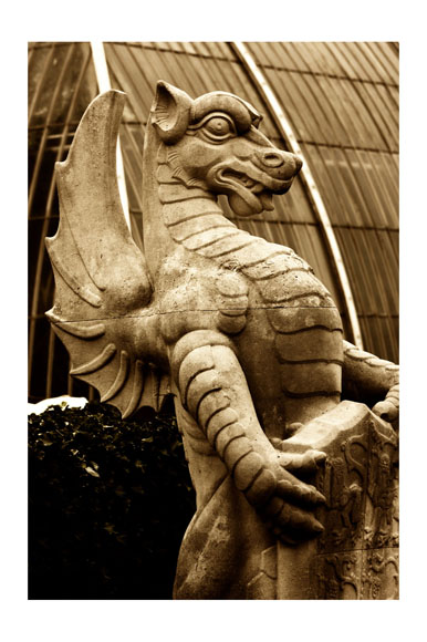standing dragon statue at kew gardens photo by dave graham, manipulated by greg dampier by Greg Dampier - Illustrator & Graphic Artist of Portland, Oregon