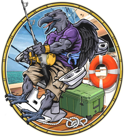 Raven marlin Fishing closeup by Greg Dampier - Illustrator & Graphic Artist of Portland, Oregon