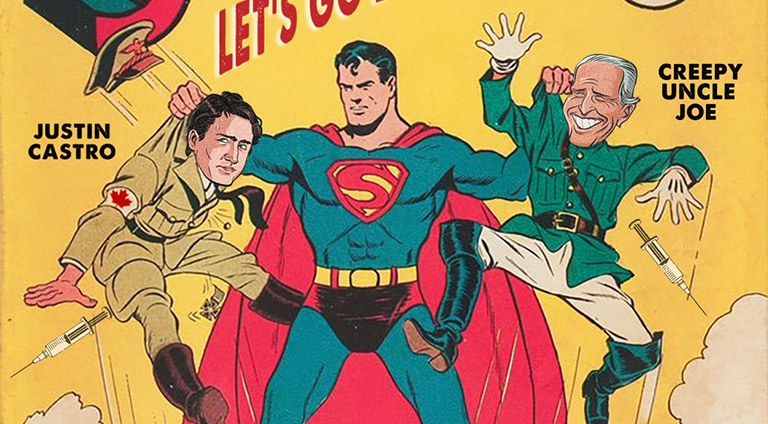 Vintage Superman arresting Trudeau and Biden  truthaganda by Greg Dampier - Illustrator & Graphic Artist of Portland, Oregon